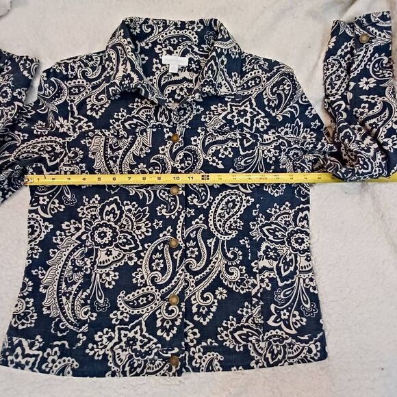 CHARTER CLUB Denim Jacket Blue White Floral Paisley Button Front Size M - Picture 8 of 9